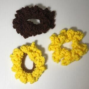 NWT Yellow Brown Handmade Crocheted Hair Scrunchie by Dawny Set of 3